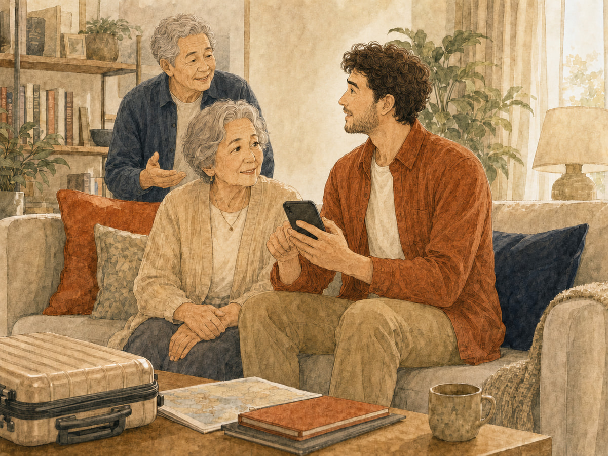 Adult son helping his mother request a wheelchair rental as his father joins the conversation