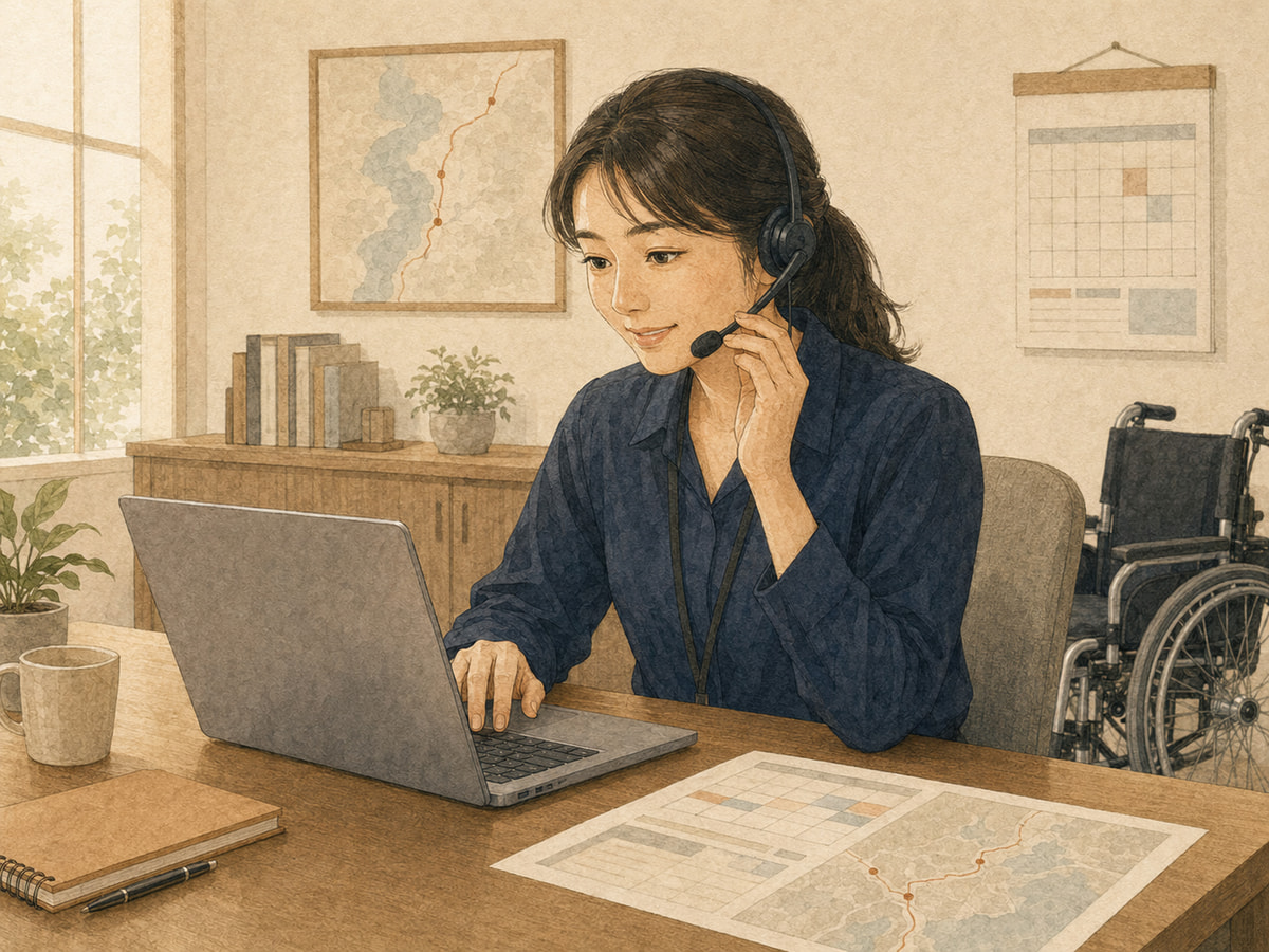Female Tokyo Wheelchair support staff checking rental dates and delivery details