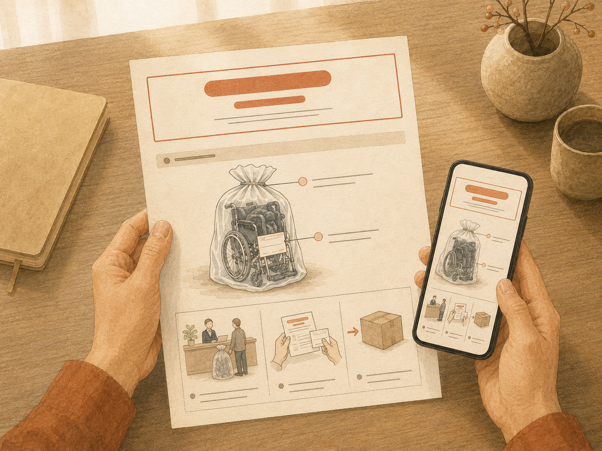 Hands reviewing illustrated wheelchair packing and hotel return instructions with a smartphone