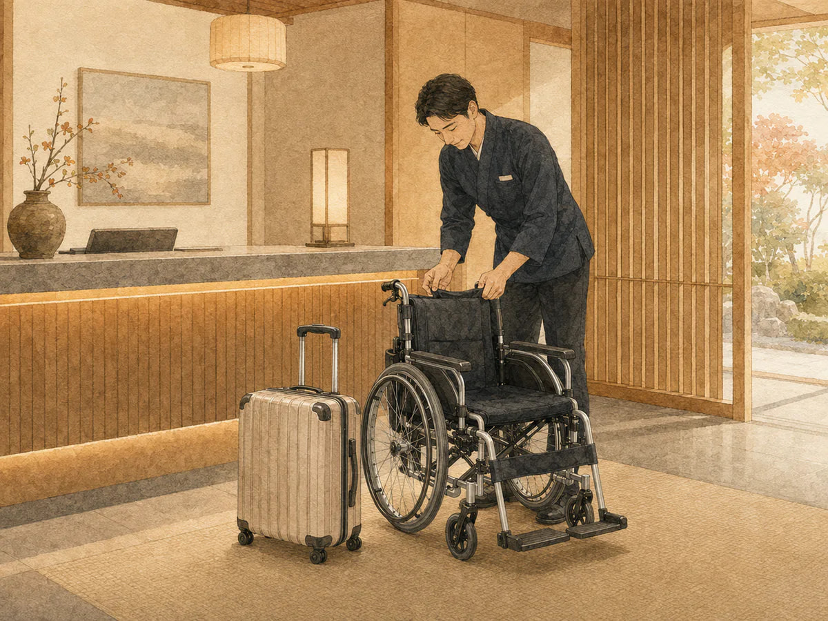 Rental wheelchair prepared and waiting with luggage at a hotel in Japan
