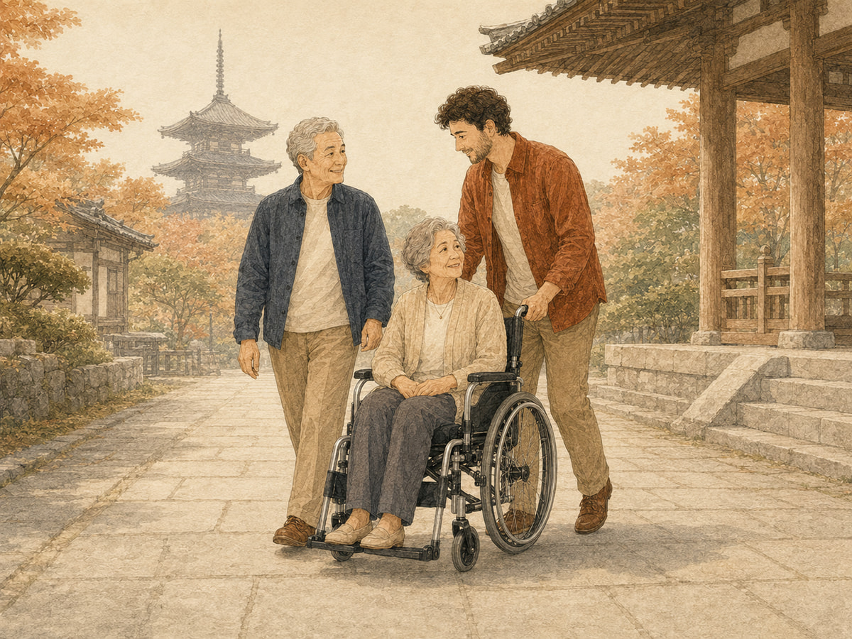 Adult son sightseeing in Japan with his mother using a wheelchair and his father beside them