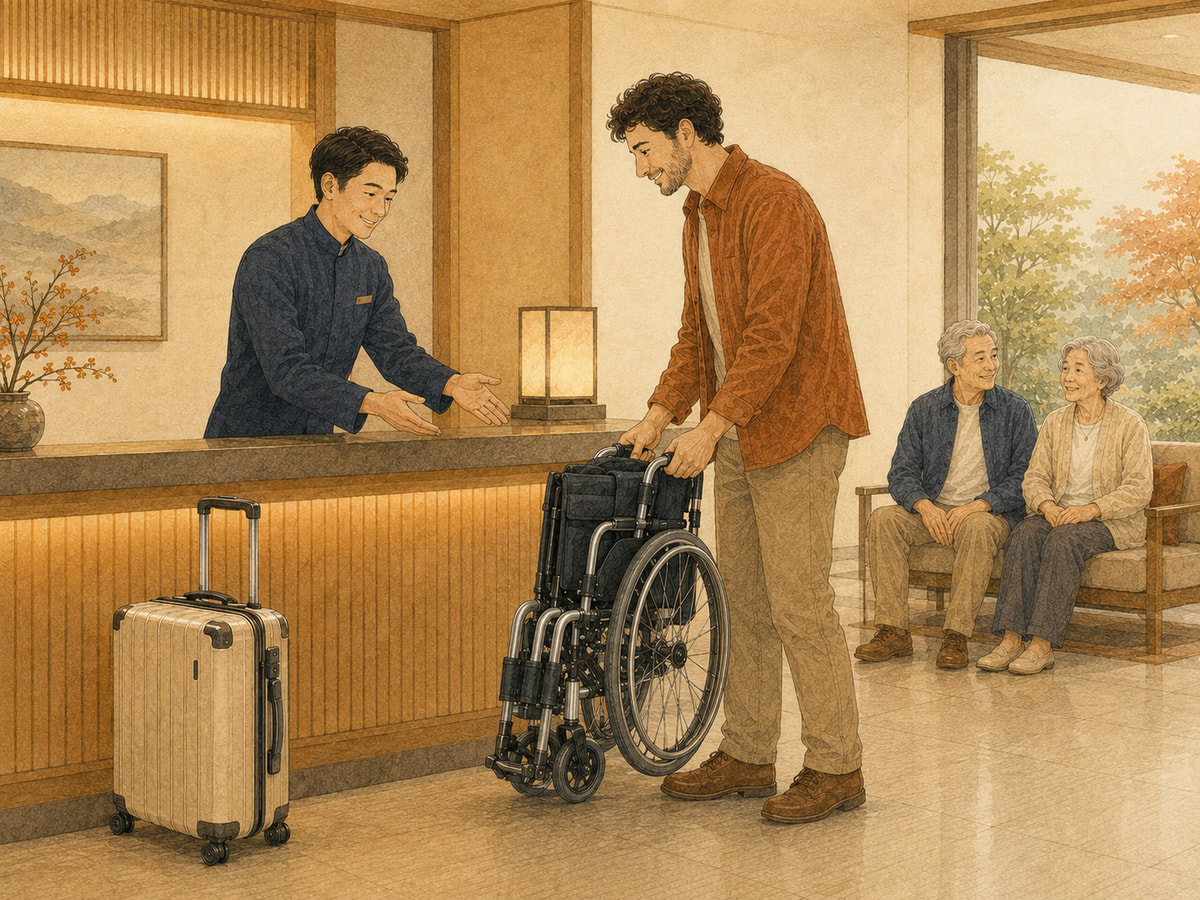 Adult son returning a wheelchair at a hotel while his parents wait together in the lobby